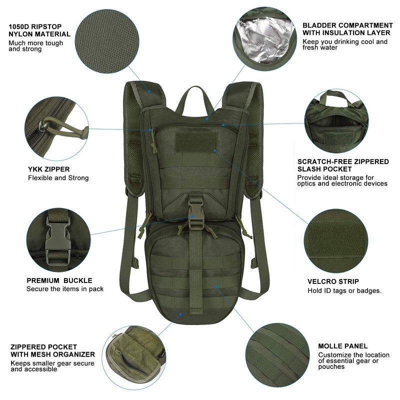 Unigear Tactical Hydration Packs Backpack 1050D with 3L Water Bladder, Thermal Insulation Pack Keeps Liquid Cool up to 4 Hours for Hiking, Cycling, Hunting and Climbing (Green) - Image 2